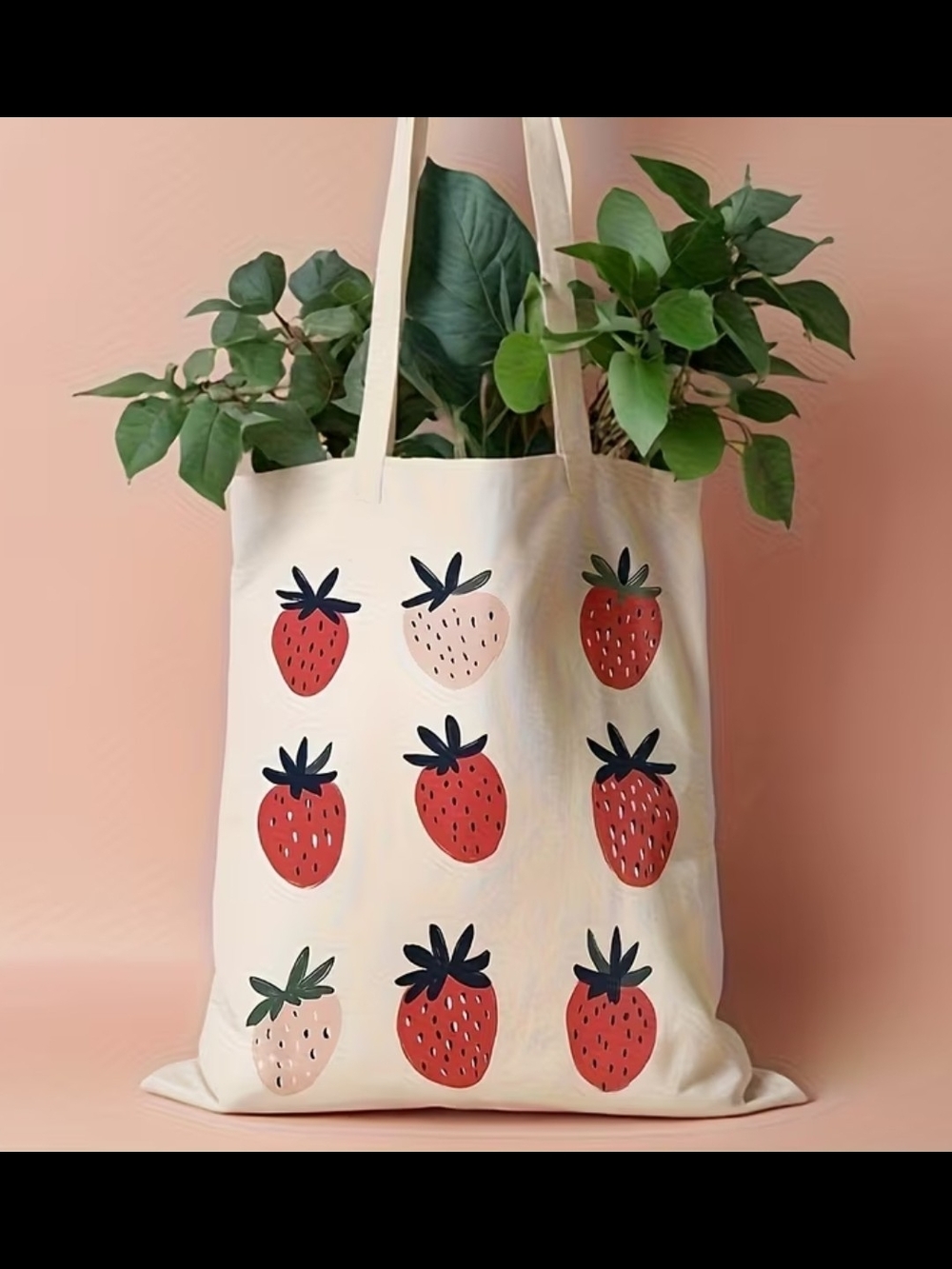 Canvas Strawberry Tote Bag - Cream with Red & Pink Berries